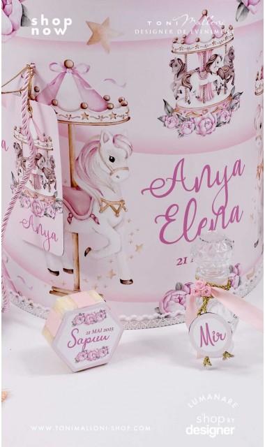 Trusou botez fetita tematic si personalizat cu ponei Pink Carousel 1